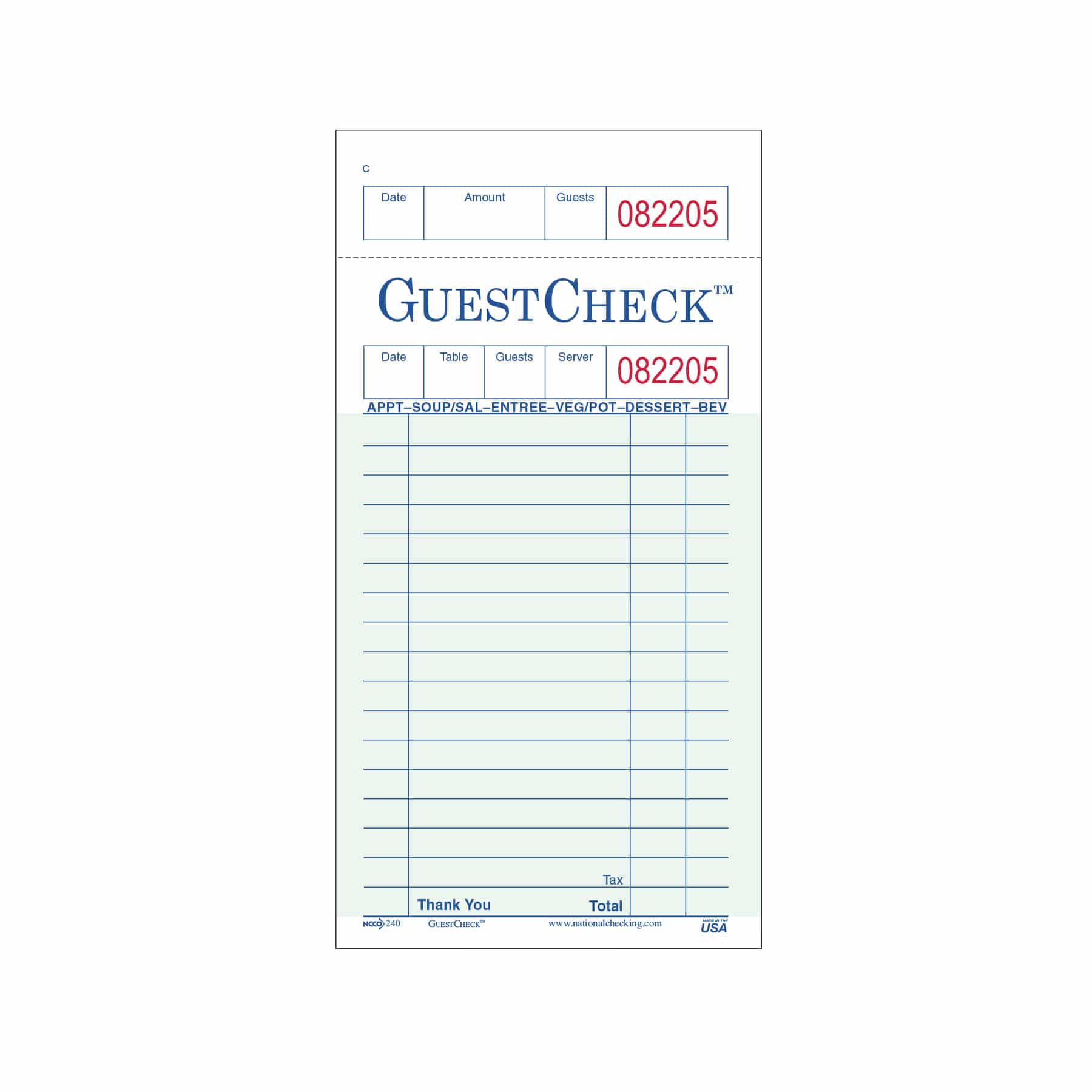 Medium Single Copy Paper Guest Check - National Checking