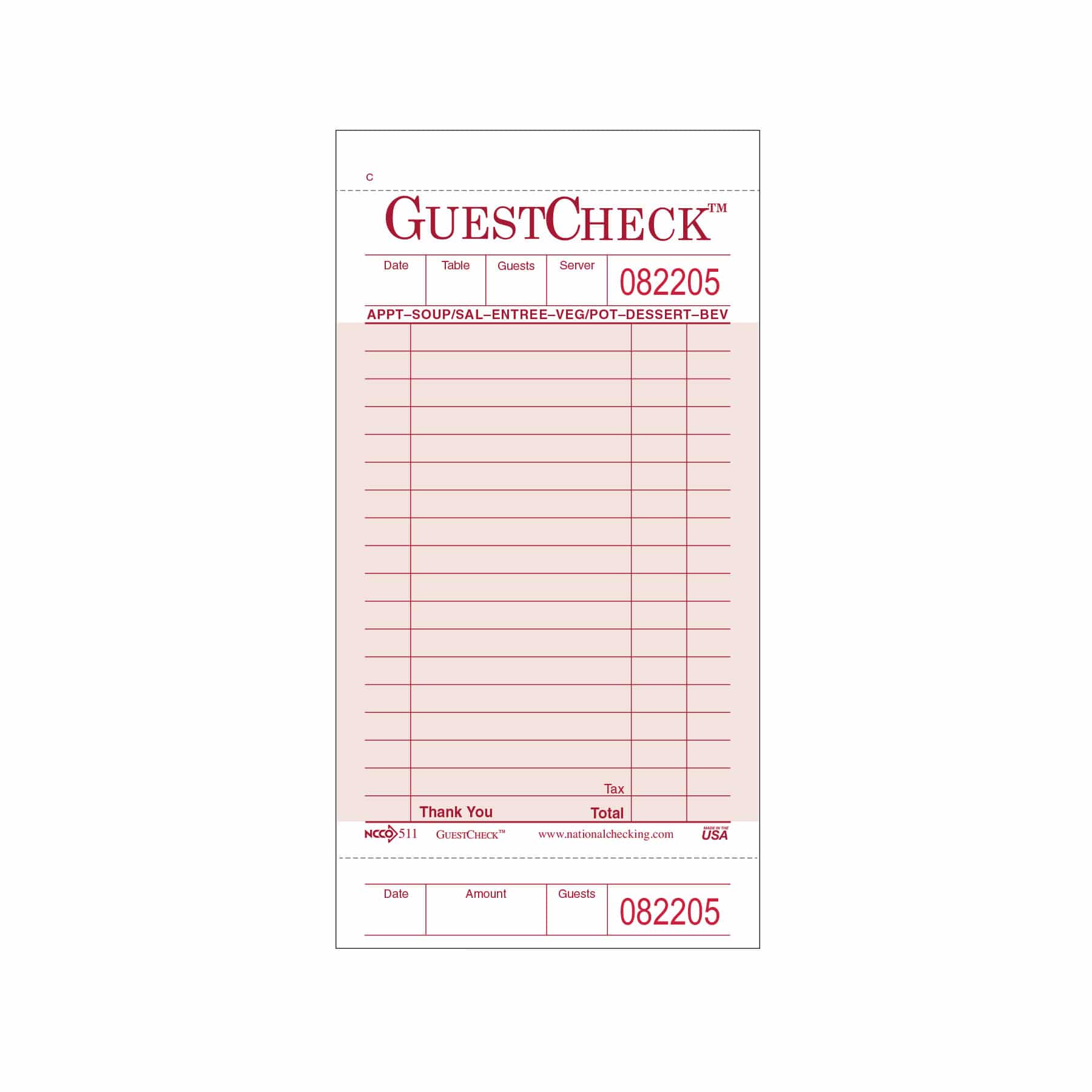 Medium Single Copy Paper Guest Check - National Checking