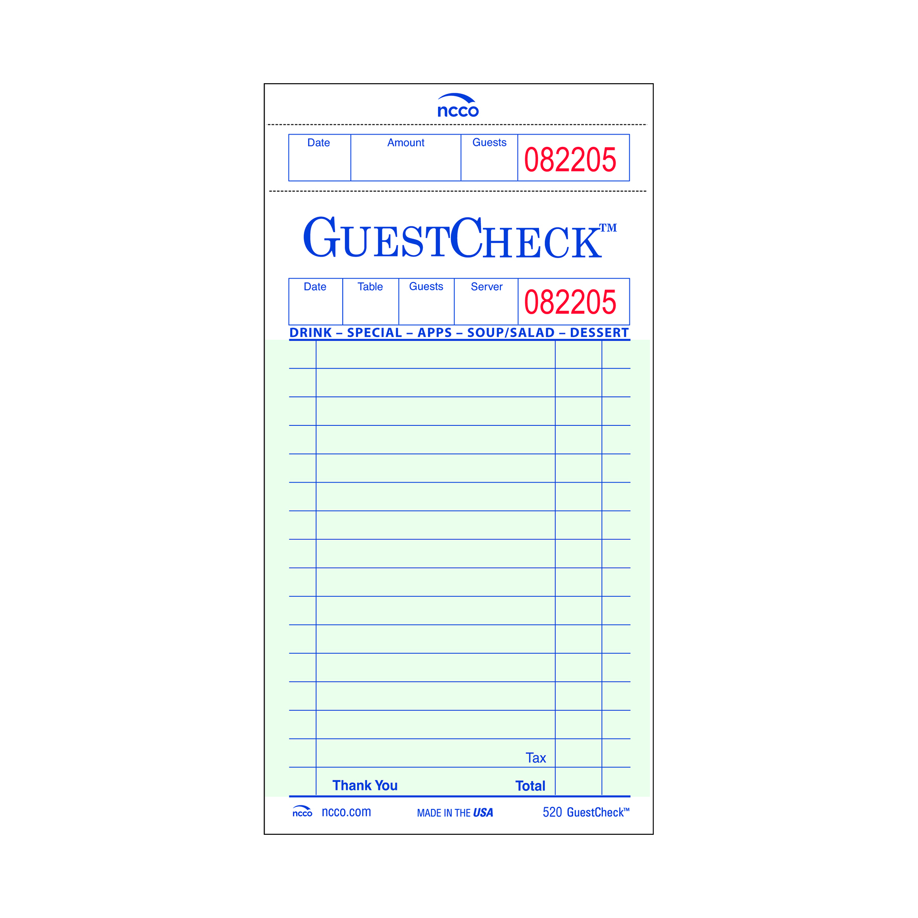 Medium Single Copy Cardboard Guest Check - National Checking